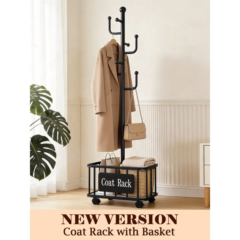 

Coat Rack With Storage Basket, Freestanding Clothes Rack, Coat Rack Stand For Hat Scarves Handbags Clothes, Modern Coat Hanger
