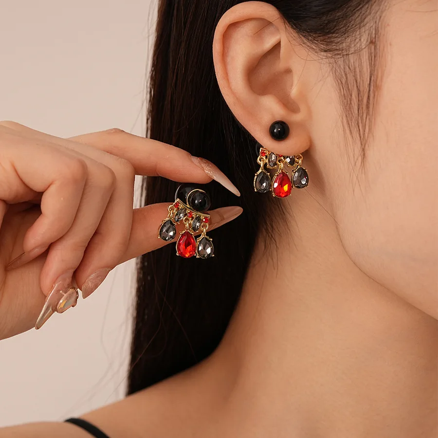 Retro Color Contrast Set Diamond Drop Geometric Earrings Fashion A Two Wear Temperament Earrings Women