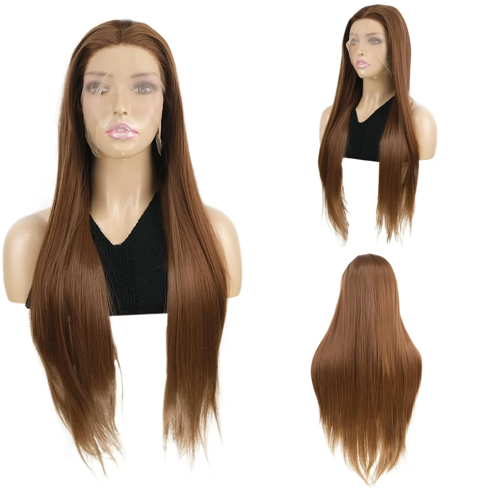 

13×4 Lace Front Wig Long Straight Brown Pre Plucked Natural Hairline Glueless Heat Resistant Synthetic Hair For Daily Party Use
