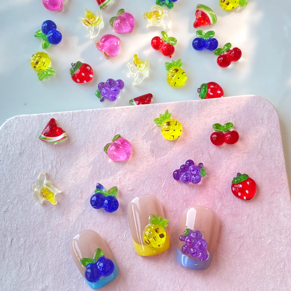 100 Uds mezcla agua melón fresa estilo coreano dijes para decoración de uñas 3D plátano piña uvas arándano resina accesorios para uñas