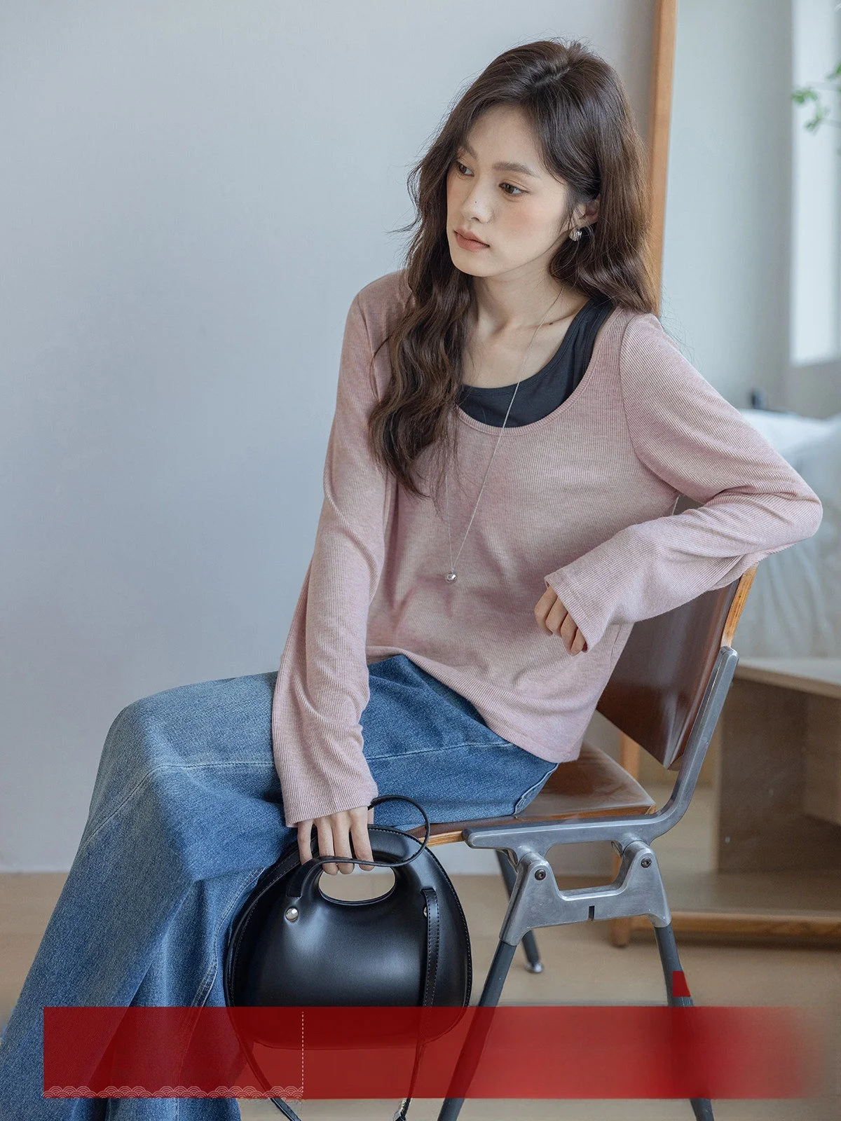 

MoZao Women's Loose Long Sve T-irt Pink Base Layer Top Two-Piece Set Commute Sle Korean Version Autumn New Arrival