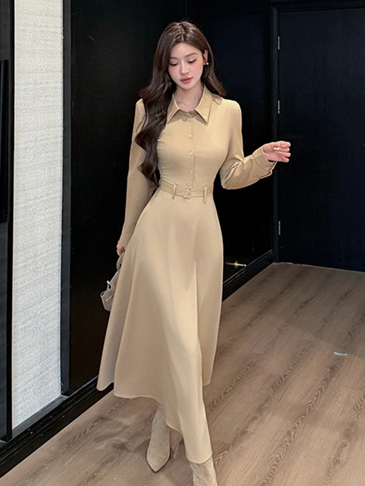 여성 패션 우아한 롱 셔츠 드레스 캐주얼 폴로 칼라 벨트 스윙 맥시 로브 여성 스트리트웨어 작업복 오피스 레이디 신상