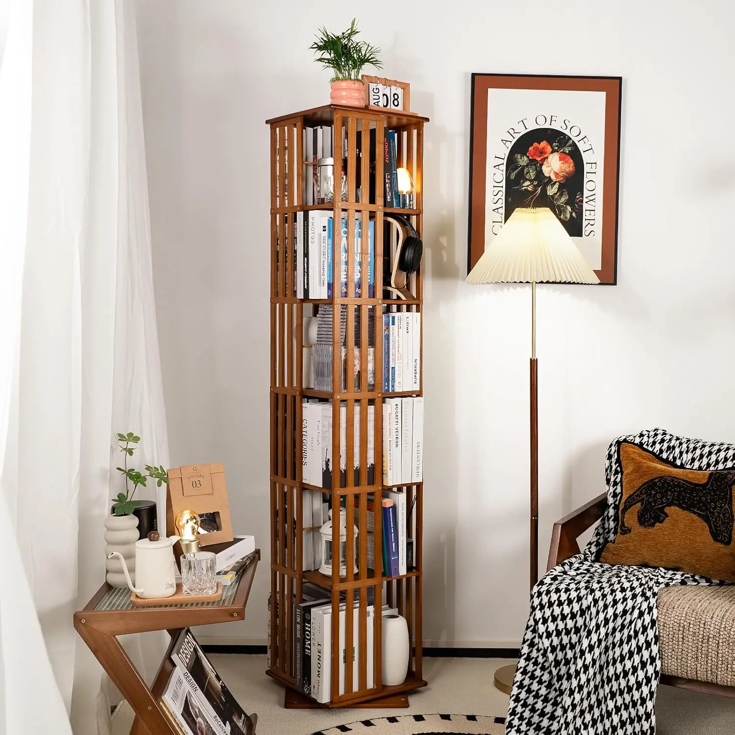 Rotating Bookshelf Tower, 360 Display Spinning Bookshelf, Bamboo Bookshelf Floor Standing Storage Rack,Walnut 6 Tier