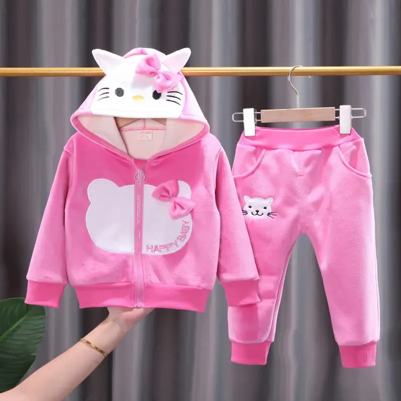 Kids Girls Winter Hoodies Clothing Sets Kids Thick Warm Velvet Clothes Sets Sport Suit For Children Cartoon Cat Fleece Tracksuit