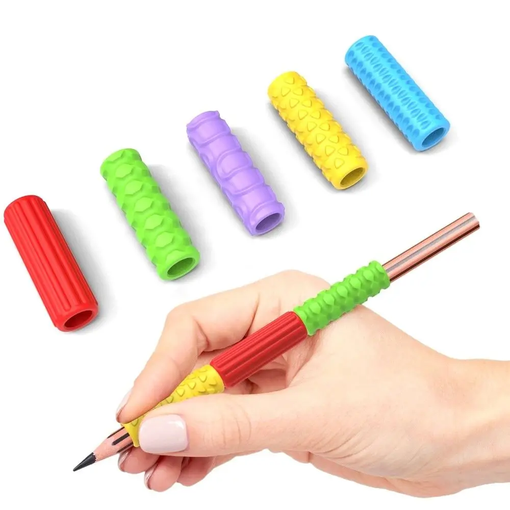 5PCS Ergonomic Writing Aid Pen Grips Textured Surface Soft Silicone Stress Reducing Pen Sleeve Reusable Handwriting Tool ADHD