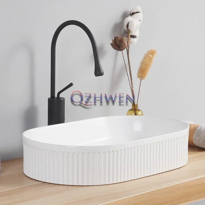 Bathroom Sink White Ceramic Washbasin Modern Minimalist Stripe Countertop Wash Hand Basin Hotel Toilet Nordic Art Basin With Tap