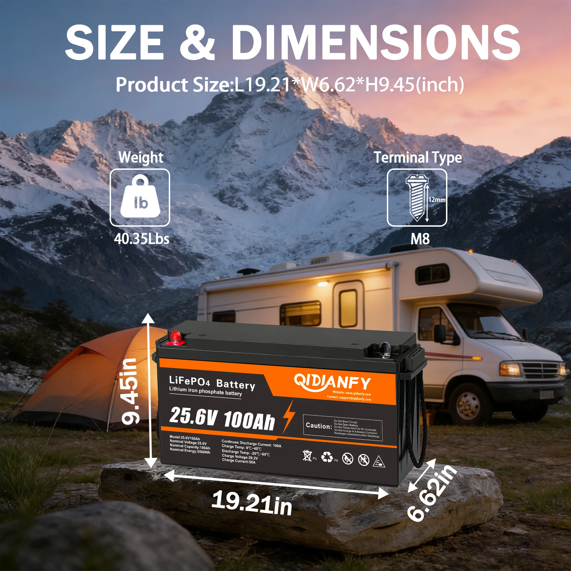 Qidianfy 24V 100Ah LiFePO4 Battery Built-in 100A BMS 2560Wh Deep Cycles Rechargeable Lithium Battery for RV Camping Home Backup Power Solar Off-Grid