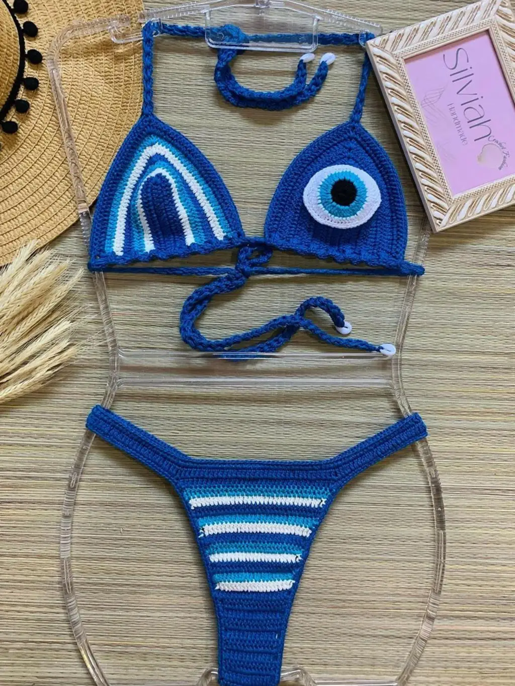 Damskie szydełkowe zestawy bikini Kobiecy seksowny kwiatowy strój kąpielowy Regulowany sznurowany top Stroje kąpielowe Pomarańczowo-niebieski kolor Boho Stroje plażowe Pływanie