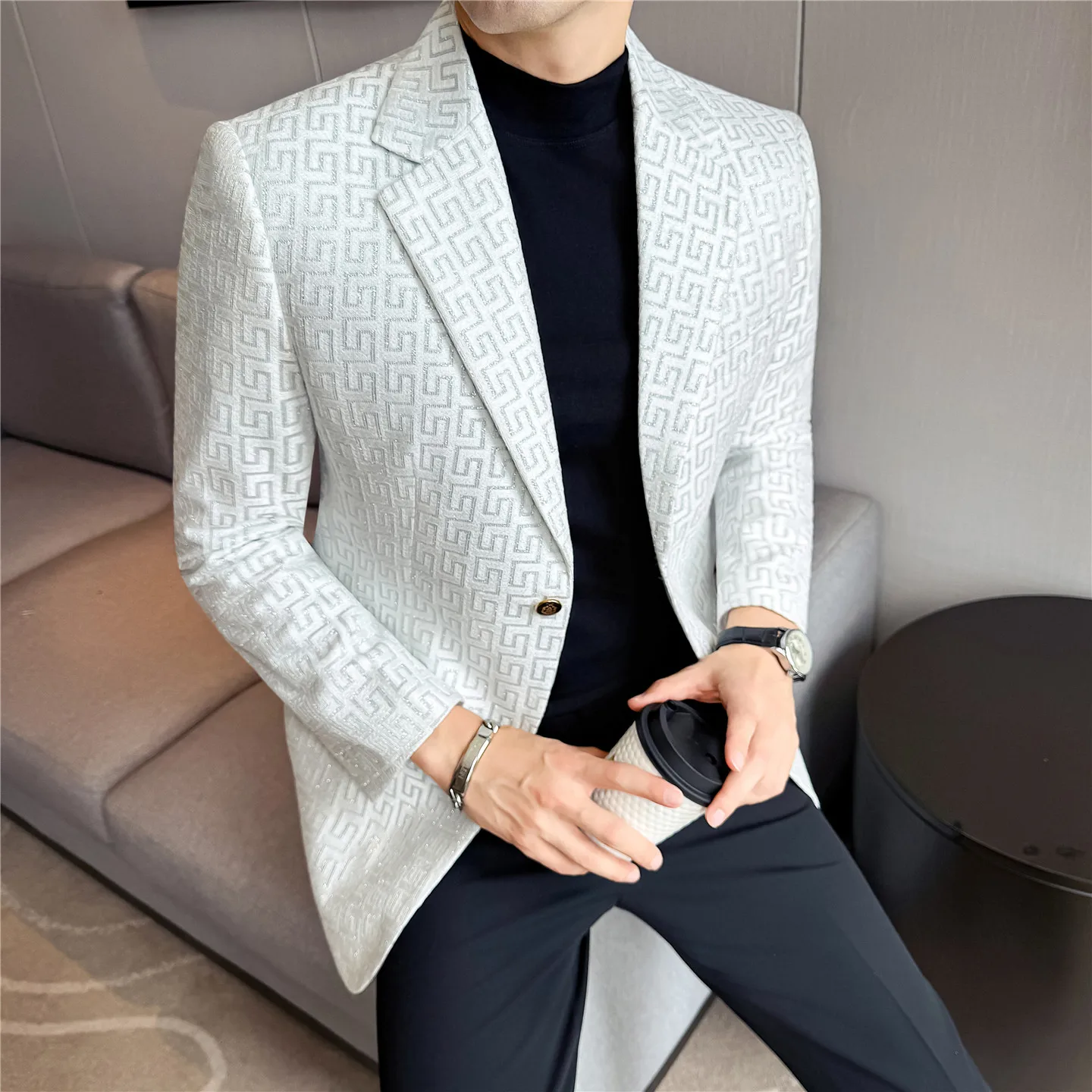 

Men's Premium Geometric Jacquard Blazer, Notched Lapel Single Breasted Slim Fit Casual Business Suit Jacket Party Outer Coat