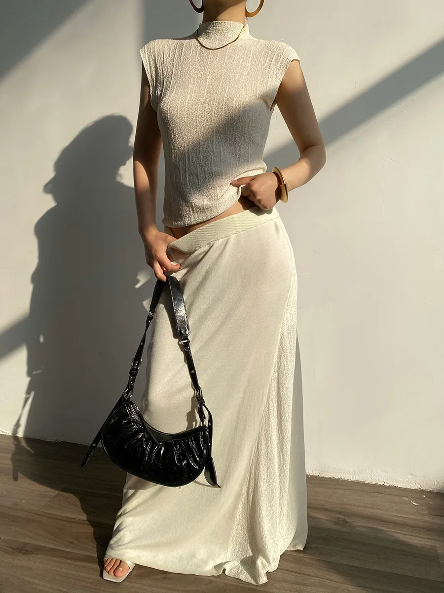 

Slim Fit Long Svel Vest And Skirt Set Women's High Ne Transparent Tree Pattern Faionable Street Sle Spring Outfit