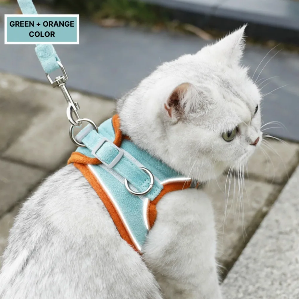 Suede Color Block Cat Harness Leash Set Escape Proof Dog Vest Harness Adjustable Walking Rope Lead for Cats Small Dogs view 3