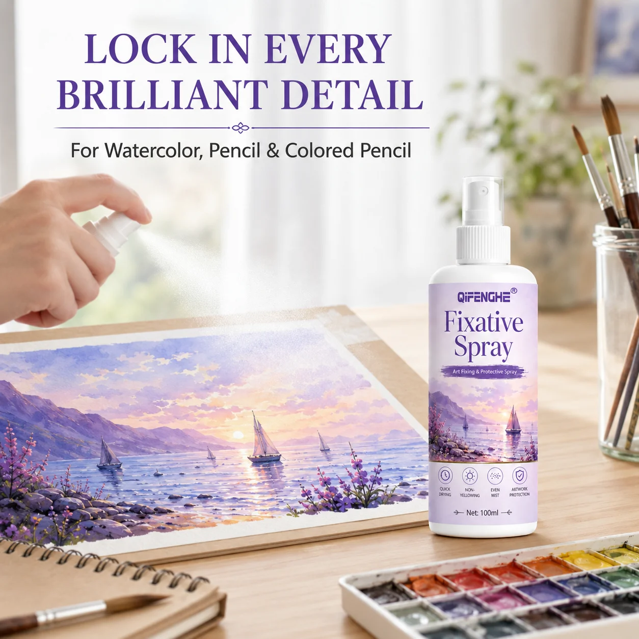 Fixative Spray 100ml - Invisible Coat, Quick Dry, Fine Mist, Anti-Smudge, Fade-Proof, for Watercolor & Pencils