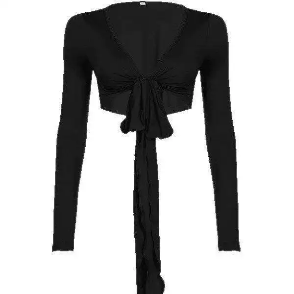 Hot New Deep V Neck Design Women's Top Belted Show Figure Belly Button Open Cardigan Sexy Personality Clean Fit Loose Style