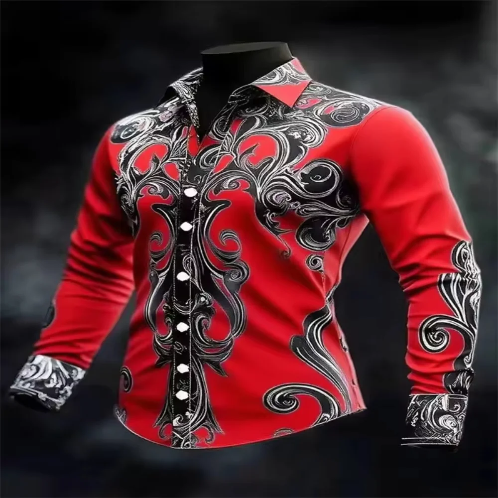 

New men's long sleeved shirt with lapel, loose and comfortable, buttons, men's retro 3D printed design, men's casual, plus size