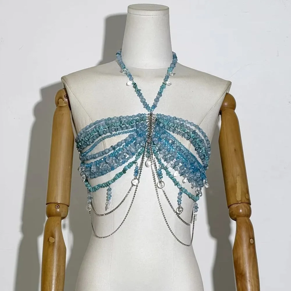 Pearl-Covered Backless Women's Crop Top with Pendant Design, Sexy Bodysuit with Body Chain, Outerwear Bra Accessories