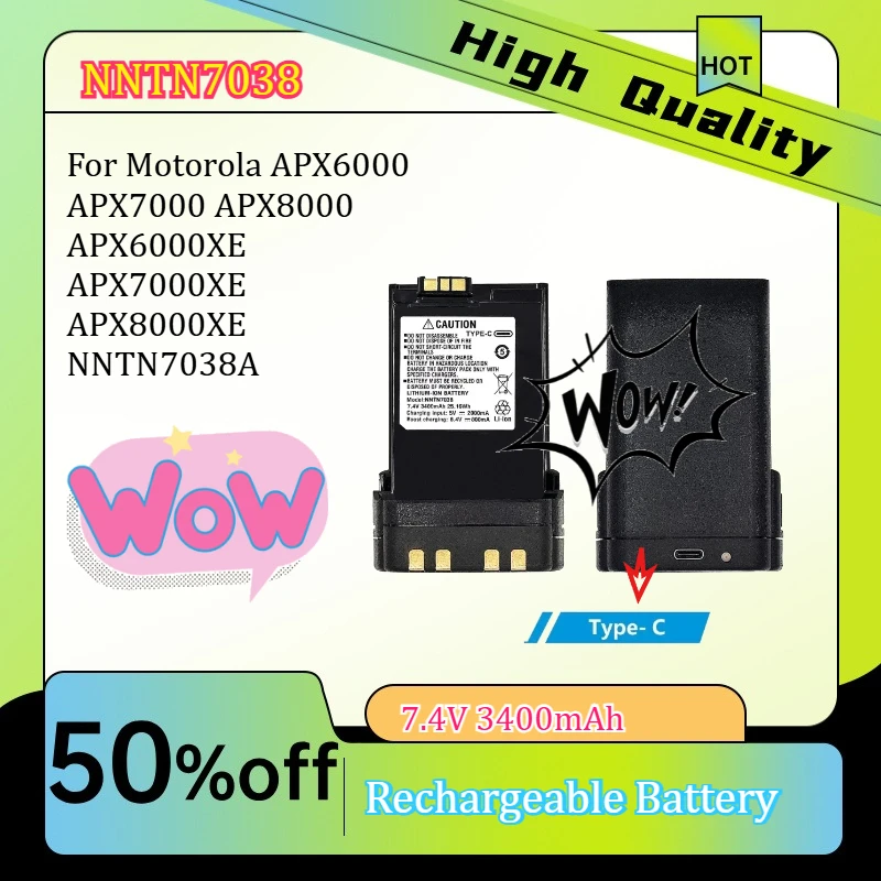 

7.4V 3400mAh Type-C NNTN7038 Walkie Talkie Battery for Motorola APX6000 APX7000 APX8000 APX6000XE APX7000XE APX8000XE NNTN7038A