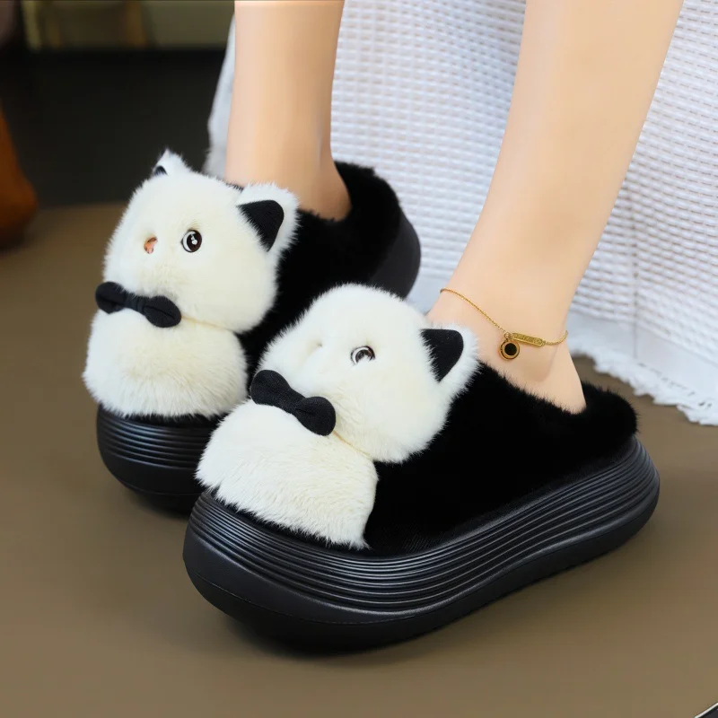 

New cartoon panda fluffy slippers women's 5 cm platform mules clog shoes home slipper woman animal furry slides warm flip flops