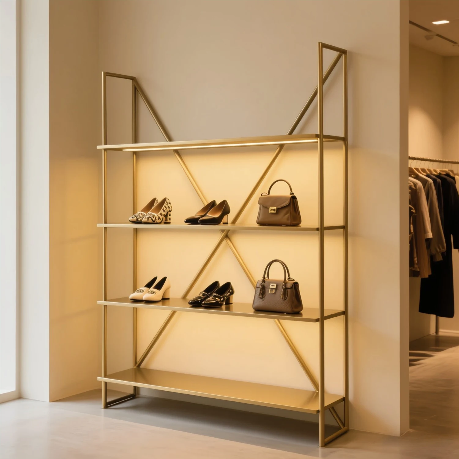 

Shoe store display rack Light luxury wrought iron display rack Floor-to-ceiling clothing store cabinet Product storage