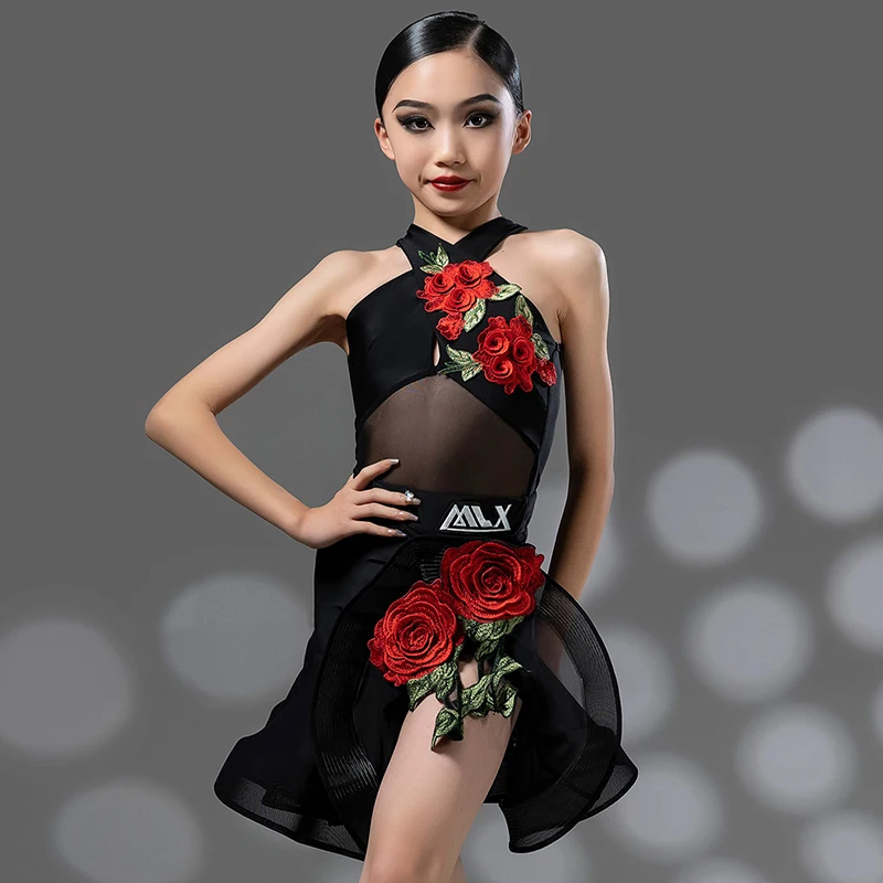 

Summer Children's New Latin Dance Dress Kids Prom Clothing Split Set Girls' Rumba Samba Dance Training Performance Wear VBH101