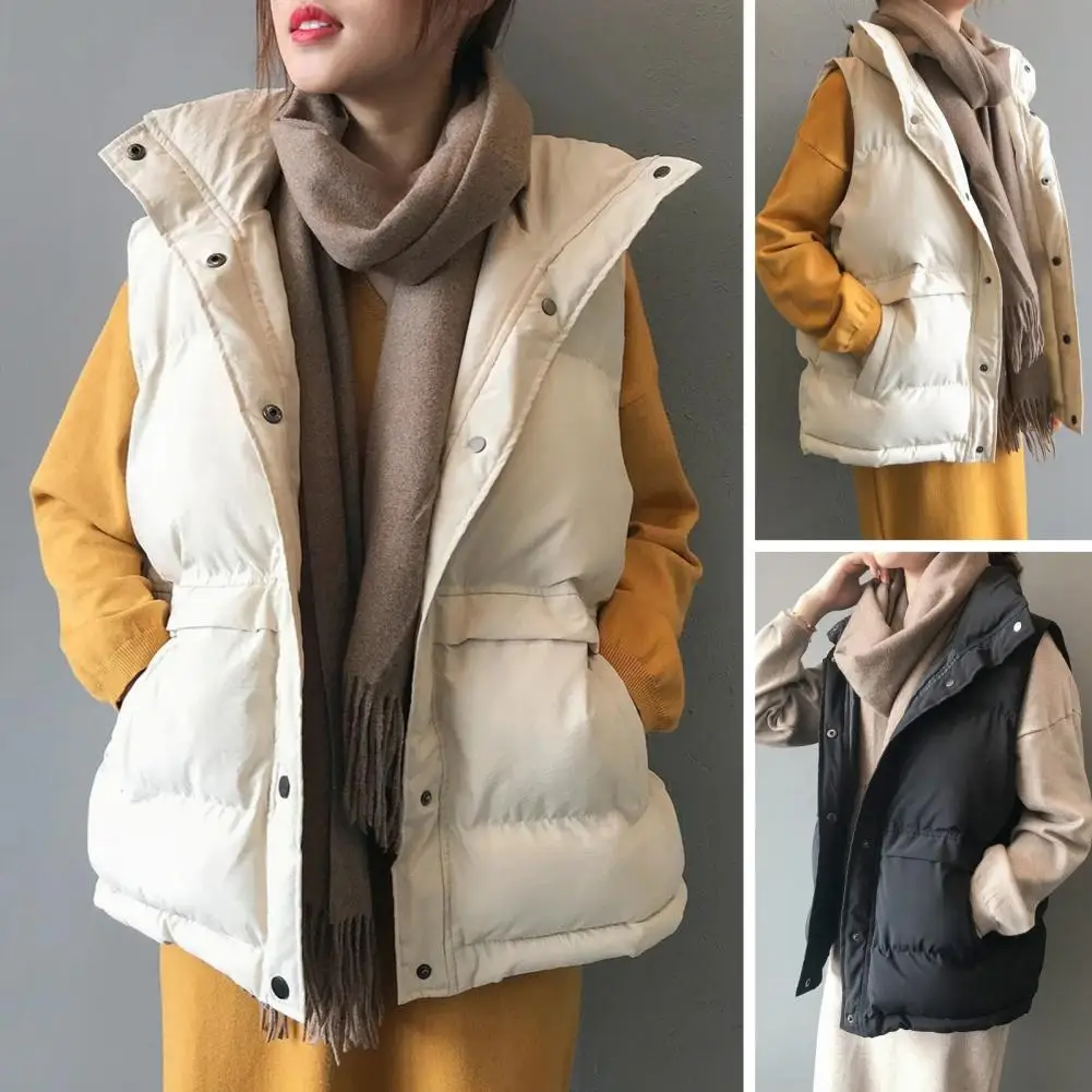 

2025 Autumn Winter Women Solid Loose Vest Button Stand Collar Long Vest Jacket Cotton Padded Women Windproof Warm Waistcoat