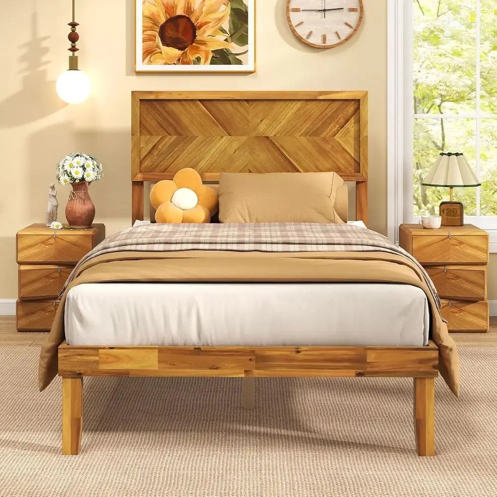 

Wood Twin Size Bed e with board, Acacia Platorm Bede w/12 Slats Support, Under-Bed Space, Wooden Mattroundation, No Box Spring N