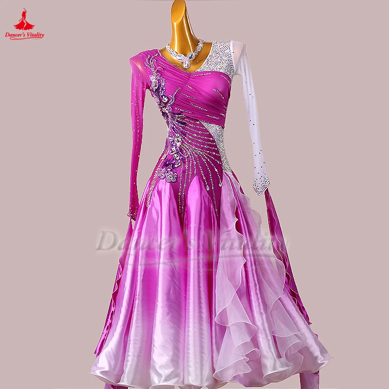 Adult Waltz Foxtrot Quickstep Contest Attire Customize Female Social Dance Purple Gradient Color Professional Big Swing Dresses