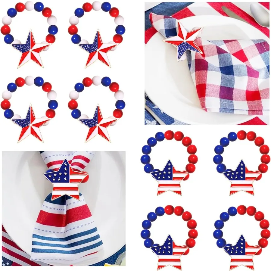 

Кольца для салфеток на 4 июля, красные, белые, синие бусины, держатели для салфеток со стразами, патриотические бусины на День независимости, набор колец для салфеток для F