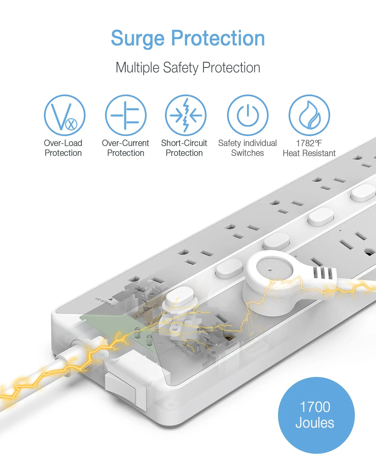 TESSAN USB Power Strip with 12 Outlets 3 USB Ports 6 Independent Switches Long Extension Cord 6ft with Surge Protector for Home