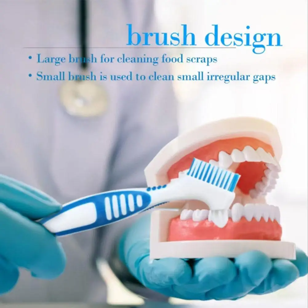 

1 шт., щетка для чистки зубных протезов, вставные зубы, уход за полостью рта, нескользящая эргономичная резиновая ручка, двойная головка, антибактериальная зубная щетка для протезов
