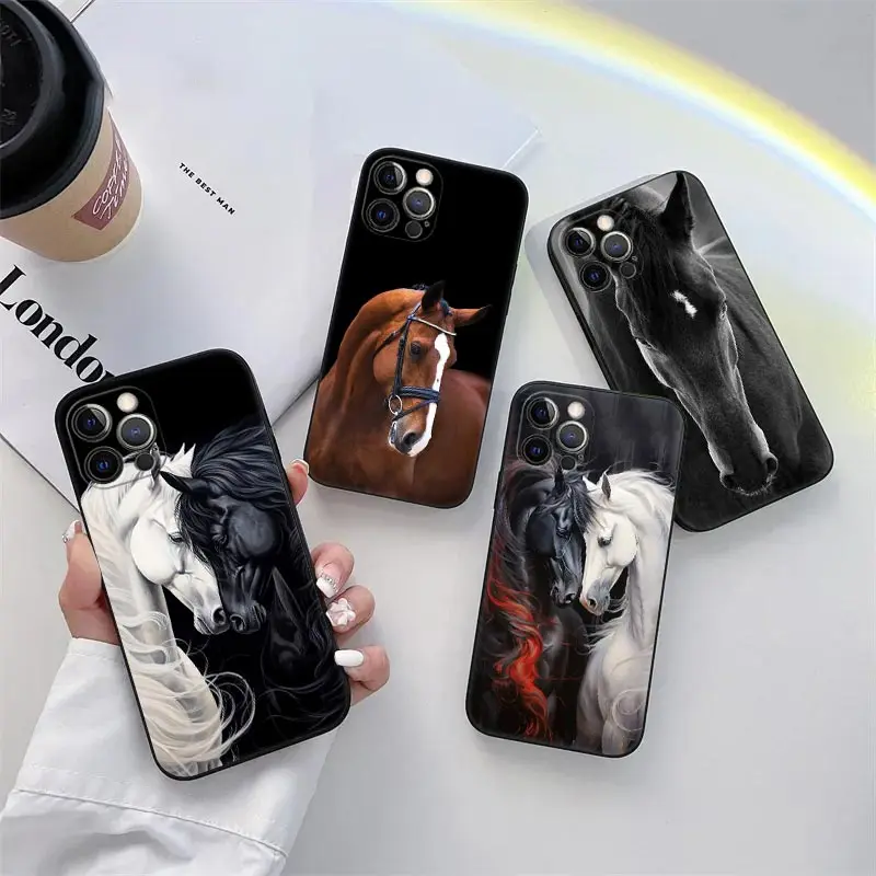 Black White Horses Galloping Phone Case for iPhone 11 15 Pro Max Case Coque 14 Plus 13 Pro 12 X XS XR 7 8 SE 2020 TPU Soft Cover