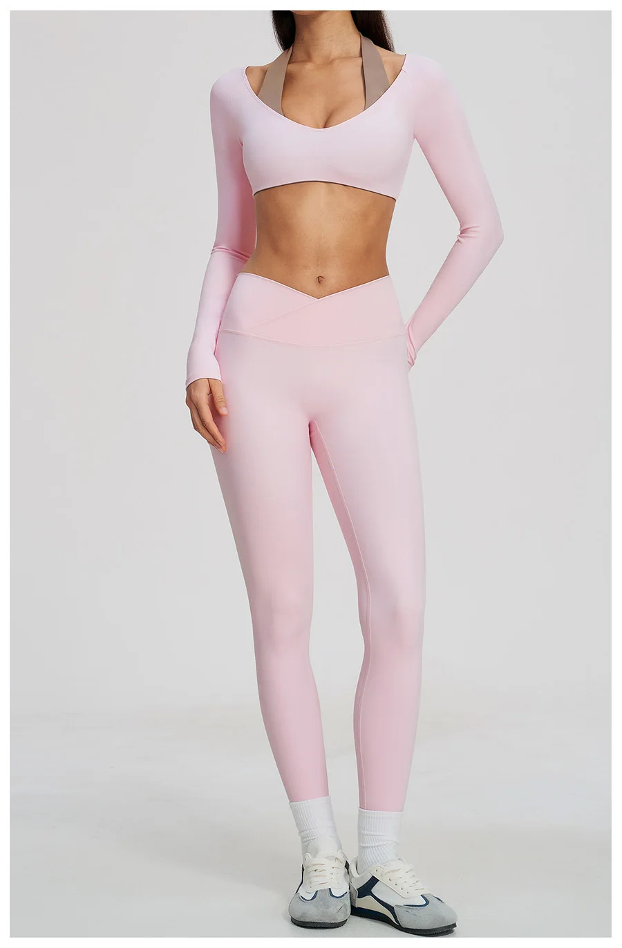 Yoga-Set 2-teilig, Fitnessbekleidung, Trainingsanzug, Lauf-Sportbekleidung, Outfit, hochtailliert, weites Bein, langärmeliges Crop-Top – Detail 22