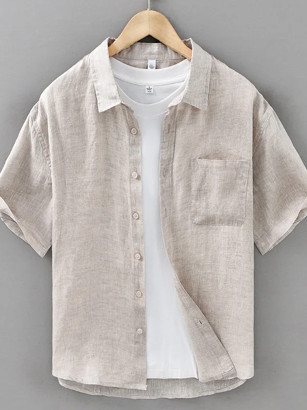

Pure Linen Short Sleeve Shirt Men Summer Thin Breathable Basic Loose Casual Trendy Linen Top Fashion Urban Style Square Collar