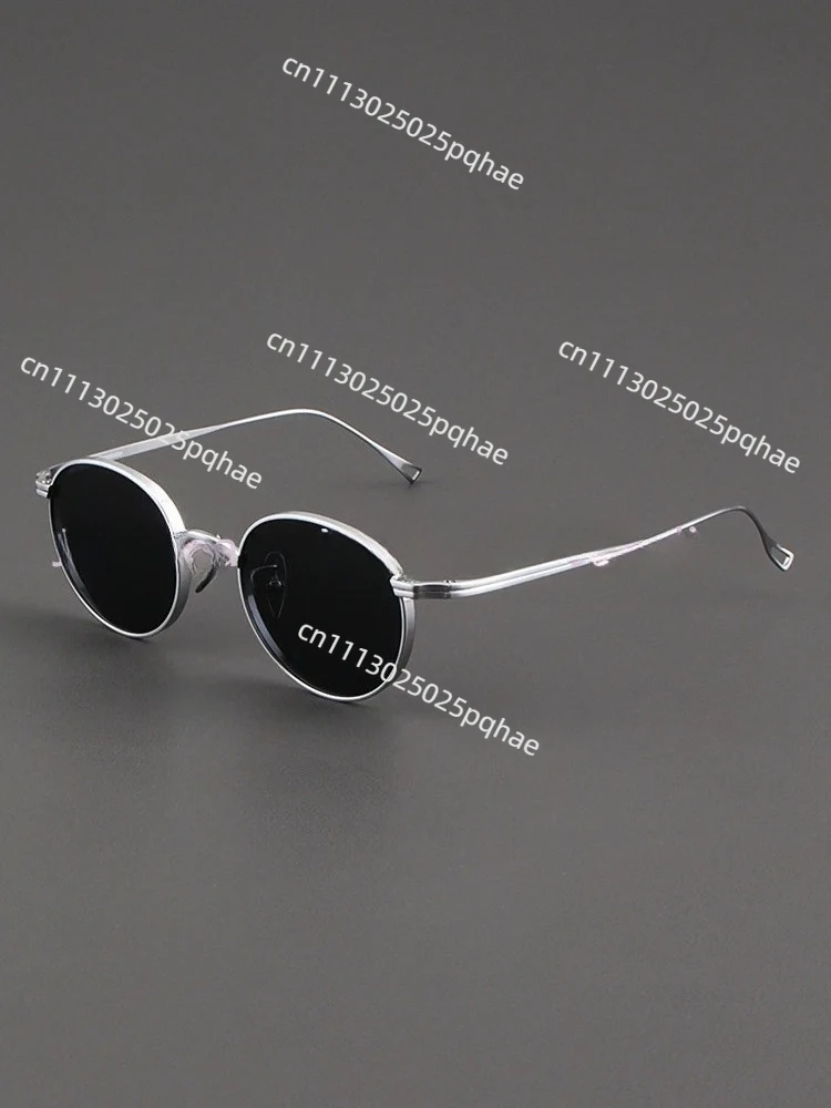 Pure titanium sunglasses for men, artistic silver small frame glasses, retro Japanese polarized sunglasses for women, trendy