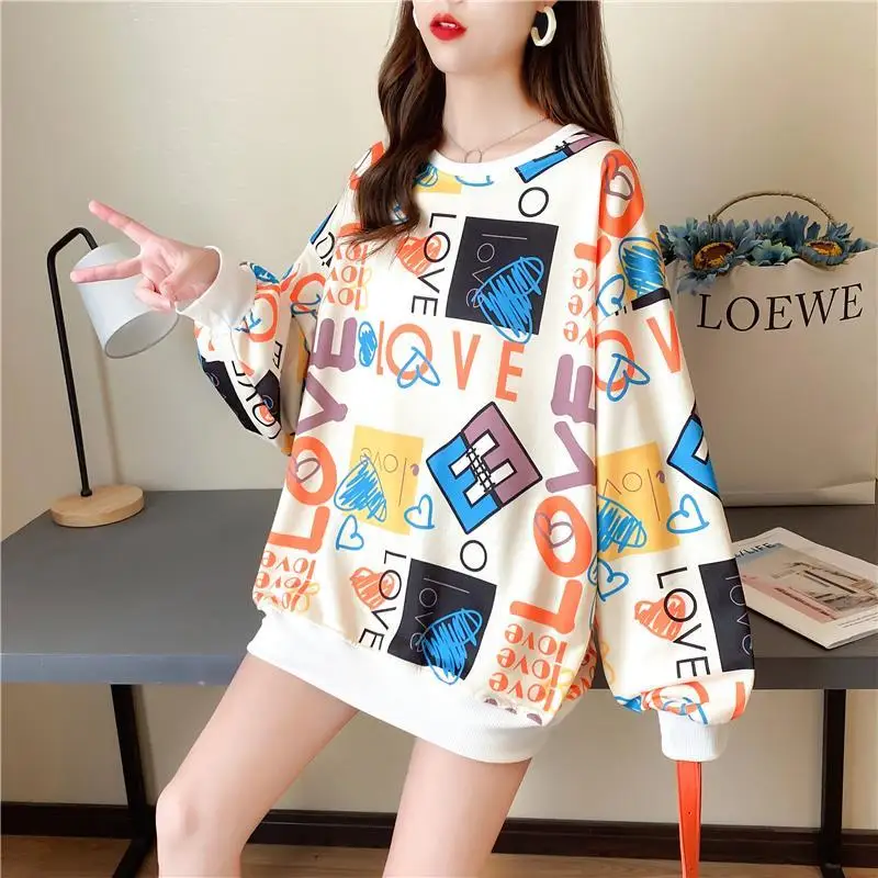 Fashion Color Printing Letter Casual Sweatshirts Female Clothing 2023 Autumn Oversized All-match Pullovers Korean Sweatshirts