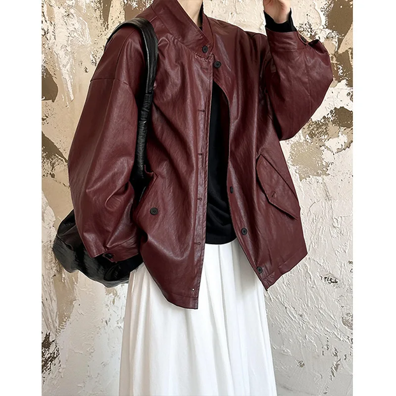 Stand Collar Pu Leather Jacket Coat Women Loose Imitation Leather Single Breasted Vintage Red Coats