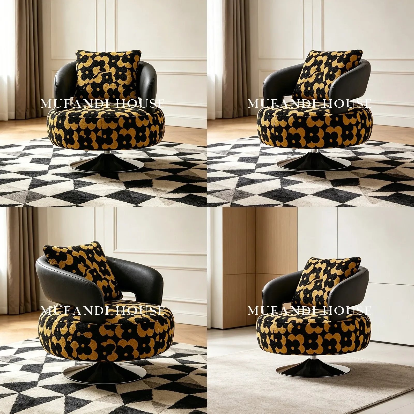 81 N Luxury Black Gold Floral Print Swivel Single Sofa Chair Fabric Leather Lounge Chair for Living Room Designer Recliner