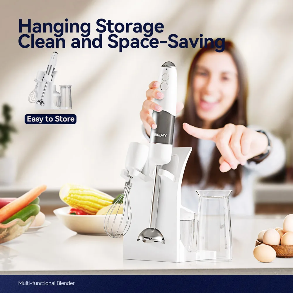 800W 4-in-1 핸드 이머전 블렌더, 스테인레스 스틸 스틱 푸드 믹서, 600ml & 500ml, 화이트