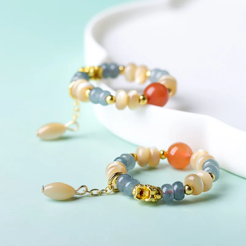 Natural South Red Agate Blue Water Jade Fishbone Ring Macaron-Colored Beaded Jewelry Lightweight and Fashionable Versatil