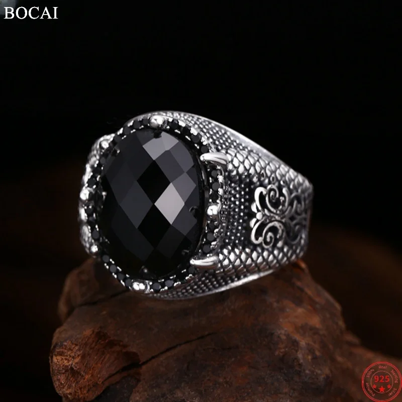 BOCAI S925 Sterling Silver Charms Rings for Men Retro Eternal Rattan Pattern Tangent Plane Black Zircon Jewelry ﻿Wholesale