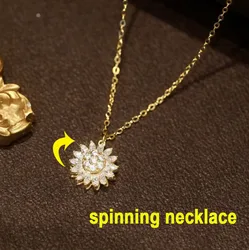 Rotating Sunflower Pendant Necklace for Women Zircon Crystal Anti Stress Anxiety Rings Dainty Rotatable Spining Earring Jewelry