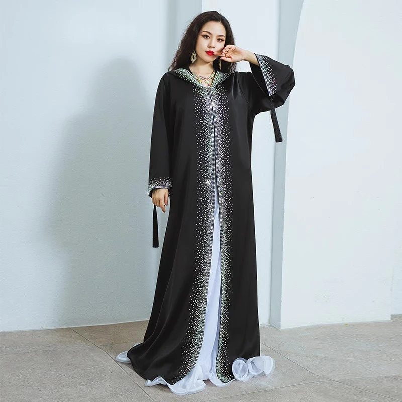 Ablaze Jewel Drilling Black Long Dress Performance Cloak Warm Overcoat Long Sleeves Group Competition Maxi Dresses with Hat Robe