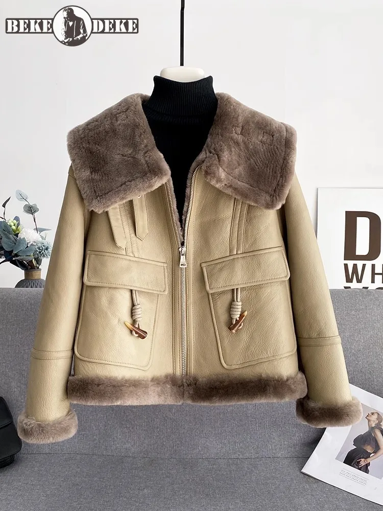 Winter Womens Shearling Coat Warm Wool Liner Genuine Leather Motorcycle Jacket Fashion Square Collar Zip Real Fur Short Overcoat