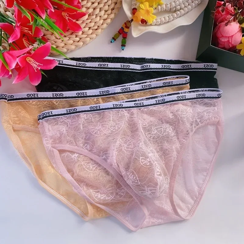 2pcs Sexy Lace Briefs Plus Size Gay Mens Big Bulge Pouch Underwear See Through Erotic Fetish Hot Lingerie Sex Sissy Panties