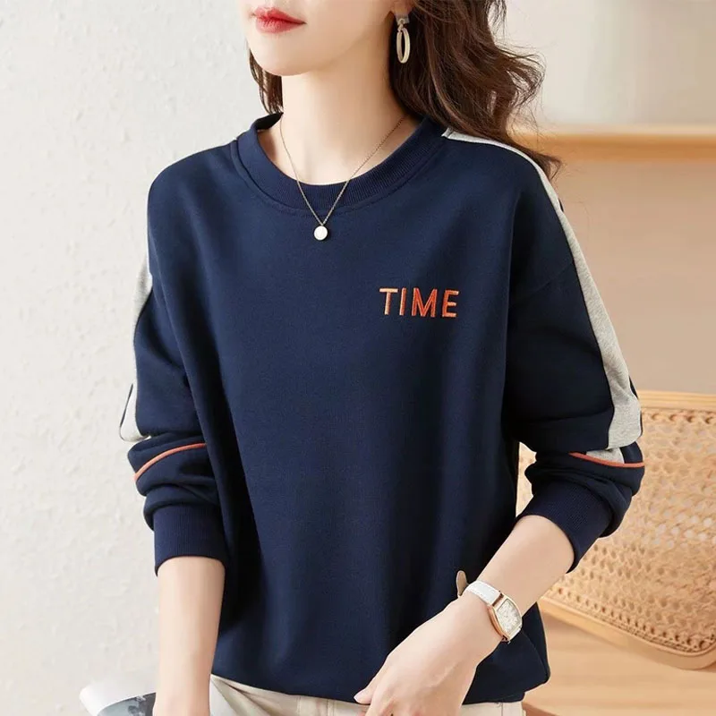 New Autumn Fashion Trend Letter Embroidery Splice Round Neck Loose Versatile Reducing Age Slim Women\'s Long Sleeve Sweater