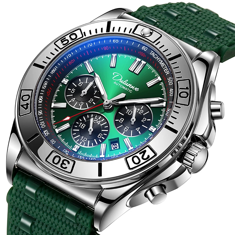 Top Brand Automatic Watch Men Multifunctional Mechanical Watch Green Rubber Belt Sports Waterproof Wristwatch Reloj Hombre
