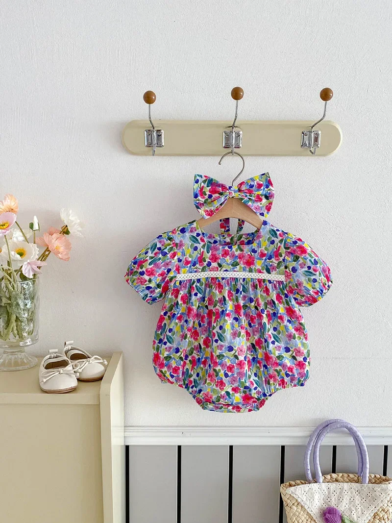 

MILANCEL Summer Infant Puff Sleeve One-piece Baby Full Printing Flower Bodysuit +Hair Band I