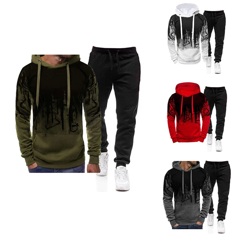 Spring Autumn Men\'s 2Pcs Suit Sweatshirt Splash Hoodies+Tracksuit Pants Casual Fitness Male New Sportwear Men Clothing