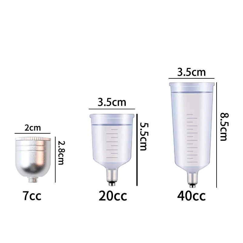 7cc, 20cc, and 40cc detachable fluid cups for gravity-feed airbrushes; airbrush accessories that are easy to clean.