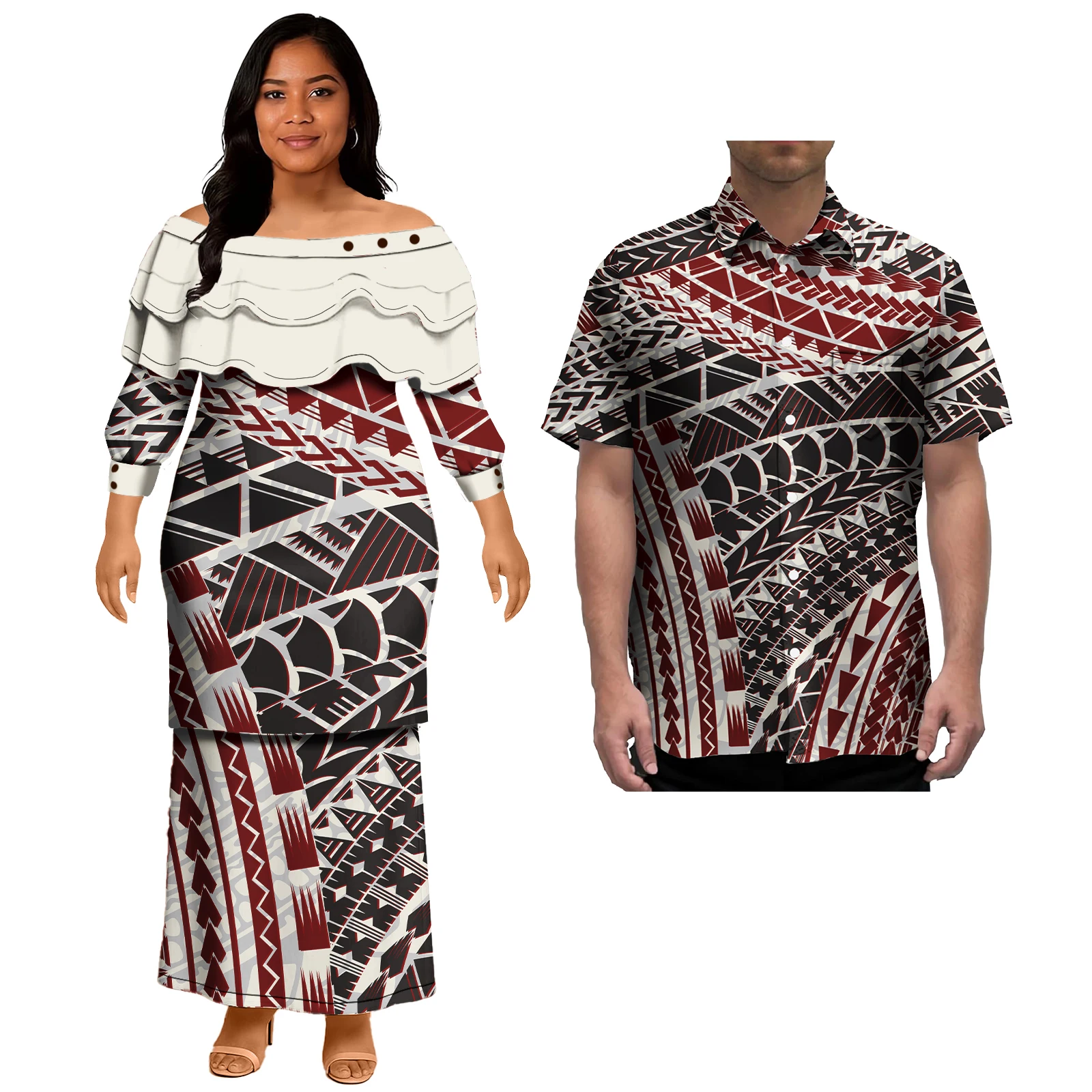 

Pacific Islander Dress Polynesian Tribal Samoan Fijian Tapa Flower Patterns Print Custom Elegant Casual Dresses Couples