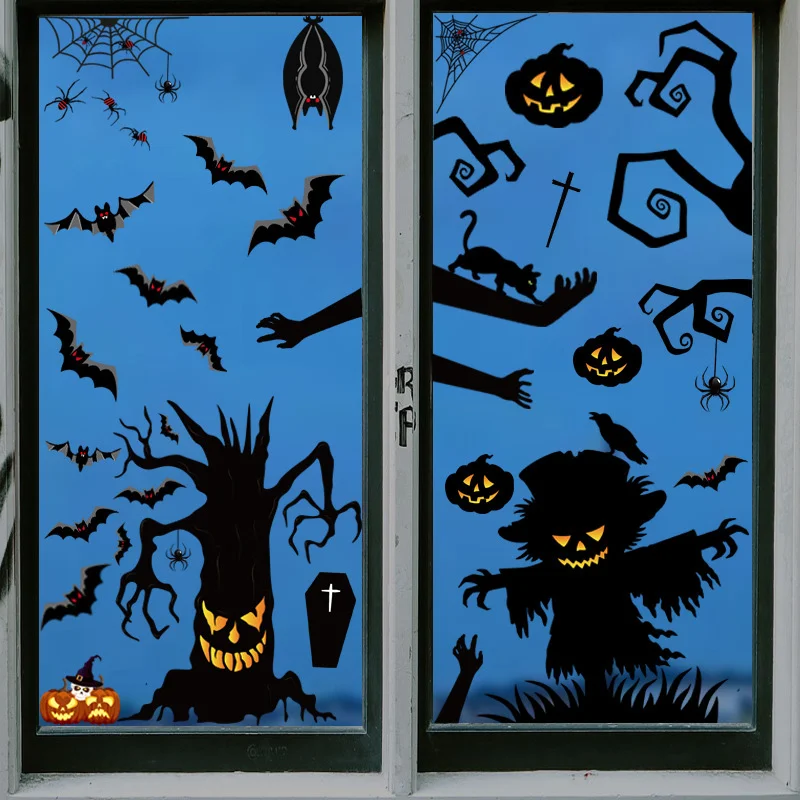 Halloween Pompoen Raamstickers Vleermuis Spookboom Glazen Sticker Happy Halloween Feestdecoratie Pvc Elektrostatische Stickers